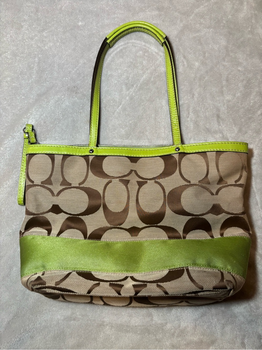Coach Signature Stripe Brown and Green Tote Shoulder Bag - Picture 4 of 6